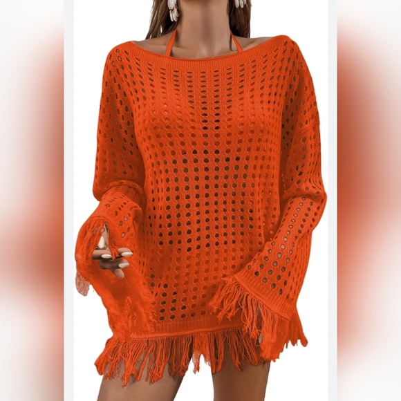 FREE PEOPLE inspired handmade crochet fringe sleeve round neck poncho tunic top - Picture 10 of 12